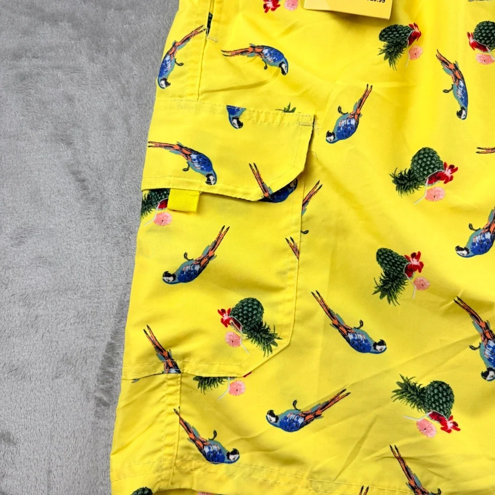 The‎ Image Men's Large Yellow Tropical Parrot Pineapple Swim Trunks Cargo Shorts